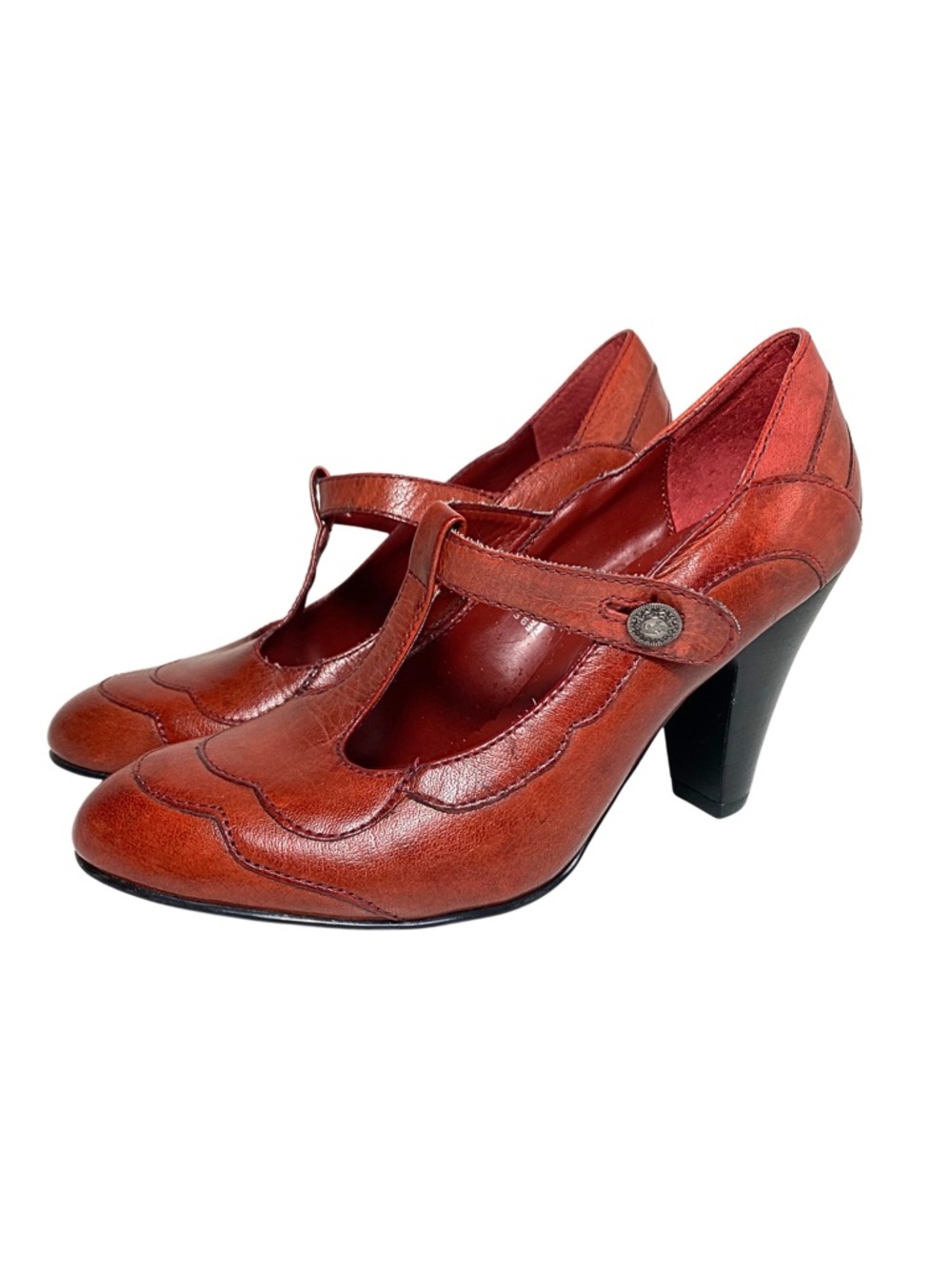 GREENWICH VILLAGE | Genuine Leather Brick Red T-Strap Women's Heels 👠